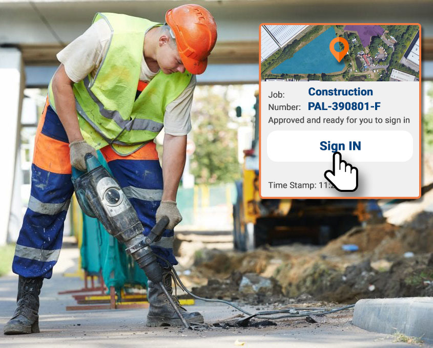 Worker on site with drill, including screenshot insert of safety pal sign in screen for job management