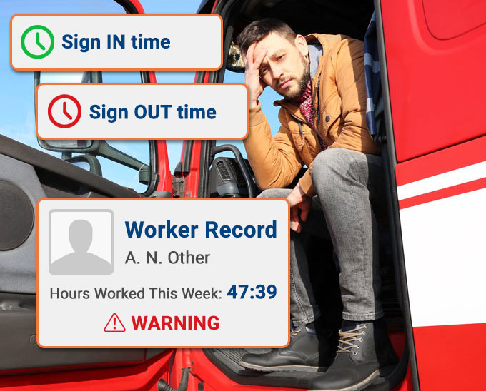 tired lorry driver, with screenshot inserts of safety pal data showing in real time hours worked