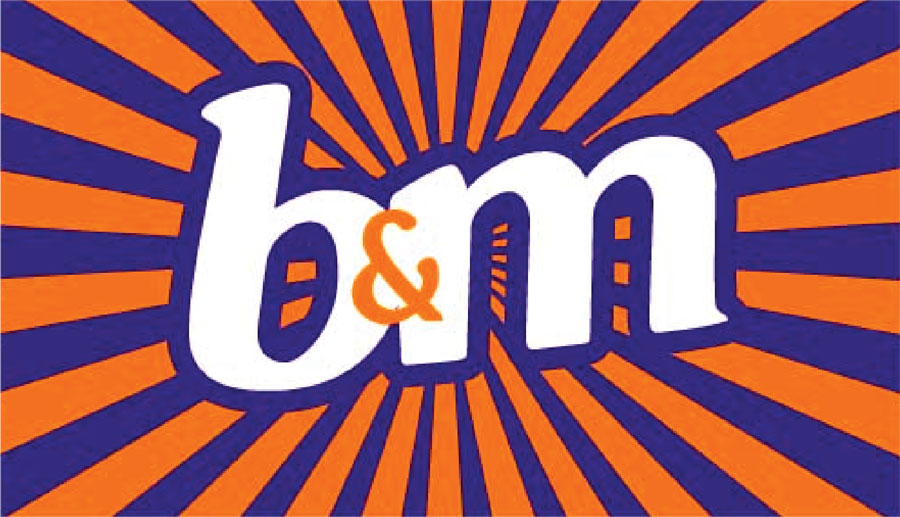 B&M logo with blue and orange radial background.