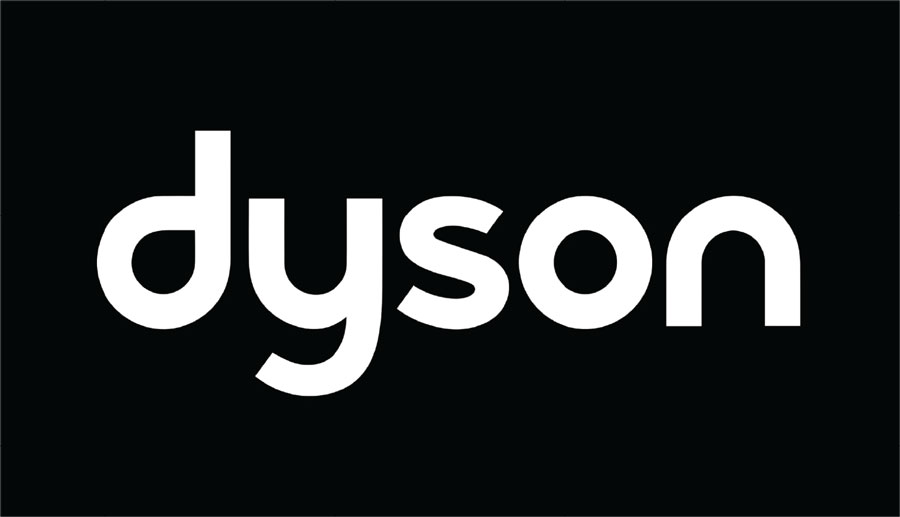 Black and white Dyson logo, featuring the brand name 'Dyson' in lowercase lettering on a dark background.