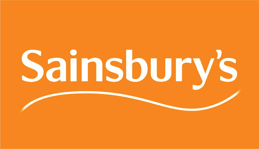Sainsbury's logo on an orange background, showcasing the company's brand name in white text with a curved underline.